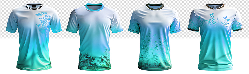 set of sports t-shirts with leaf abstract pattern front view, ge set of sports t-shirts with leaf abstract pattern front view, generative ai